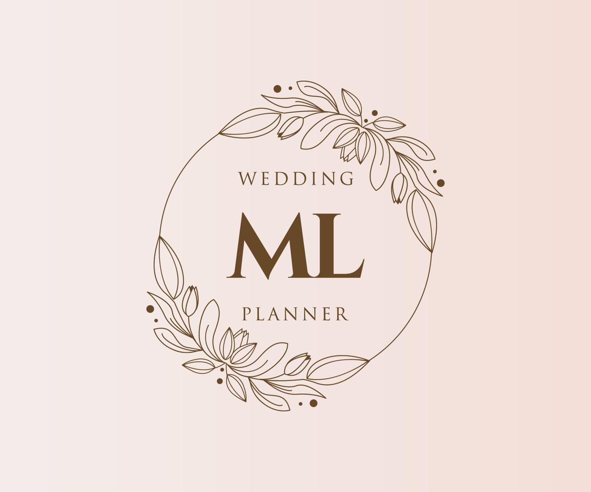 colección de logotipos de monogramas de boda con letras iniciales ml, plantillas florales y minimalistas modernas dibujadas a mano para tarjetas de invitación, guardar la fecha, identidad elegante para restaurante, boutique, café en vectores