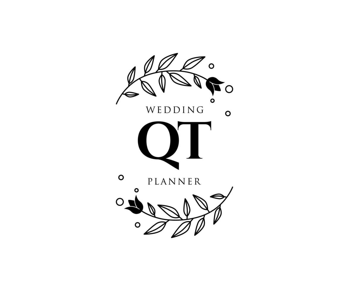 colección de logotipos de monograma de boda con letras iniciales qt, plantillas florales y minimalistas modernas dibujadas a mano para tarjetas de invitación, guardar la fecha, identidad elegante para restaurante, boutique, café en vector