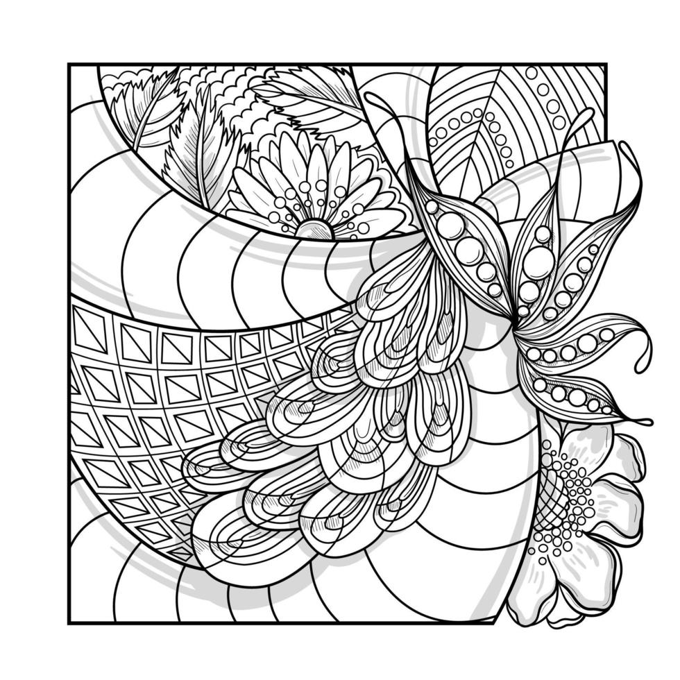 square mandala with abstract linear flower ornaments drawn on a white background for coloring, vector, mandala vector