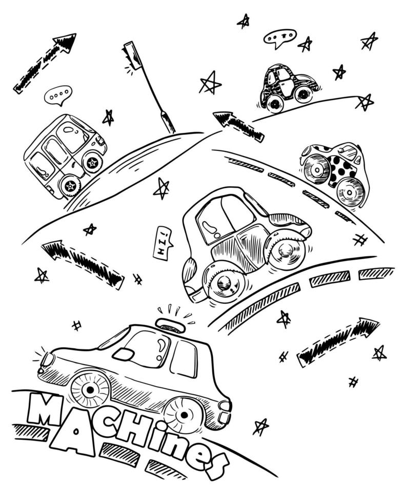 ilustración de conjunto de autos para camiseta de niño dibujada a mano vector