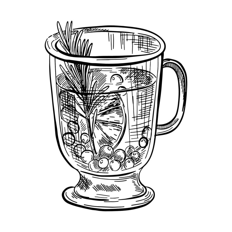 taza de vidrio con una bebida caliente, limón y bayas. ilustración de boceto en blanco y negro. hugge bebidas para navidad vector