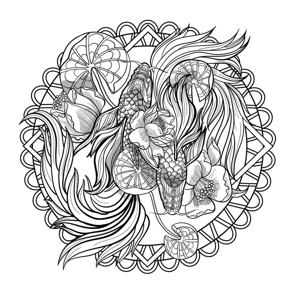 mandala round pattern High-detailed beautiful illustration of carp fish on vector