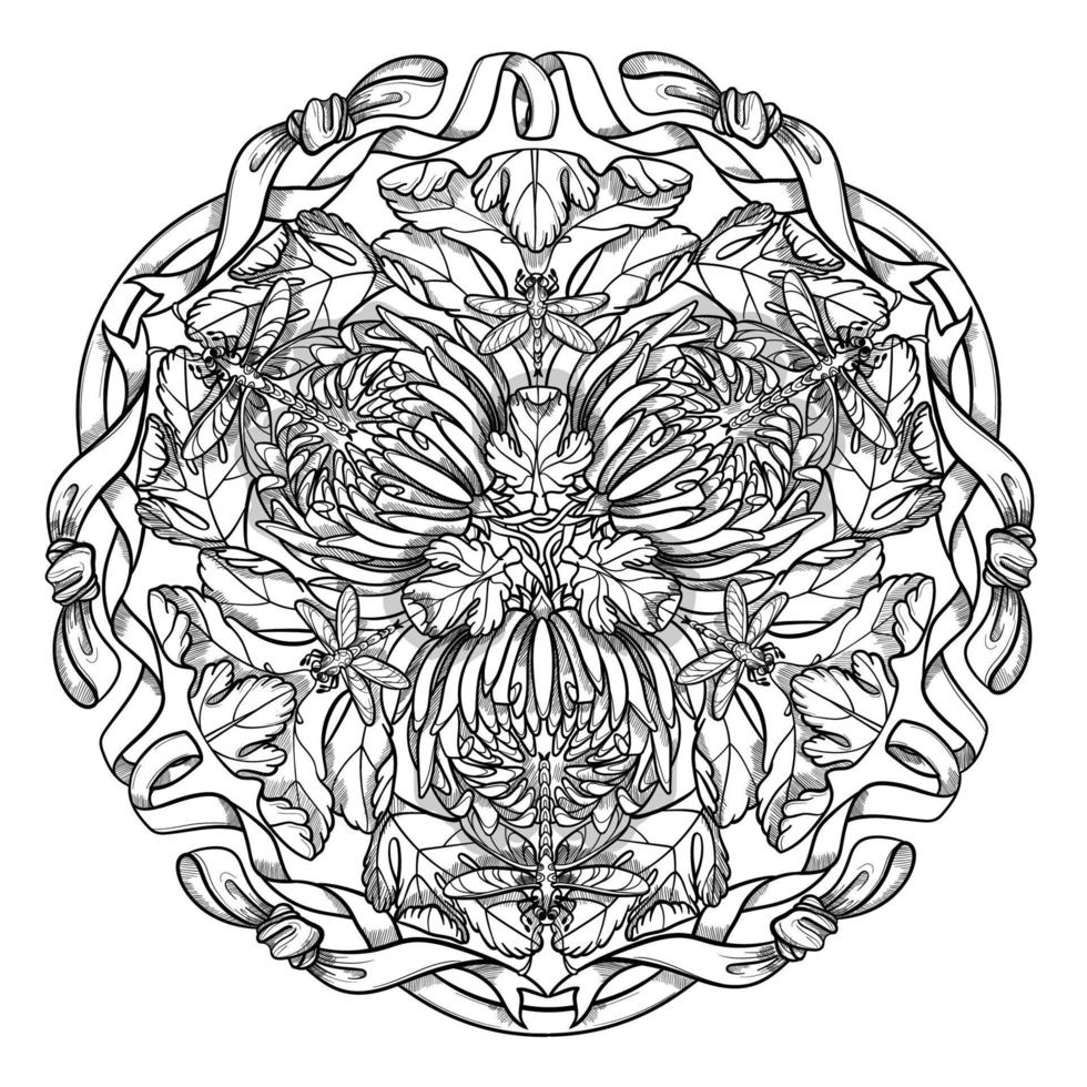 asimetría mandala floral de fideos en blanco y negro. Ilustración de vector de arte de línea de ramo aislado en blanco