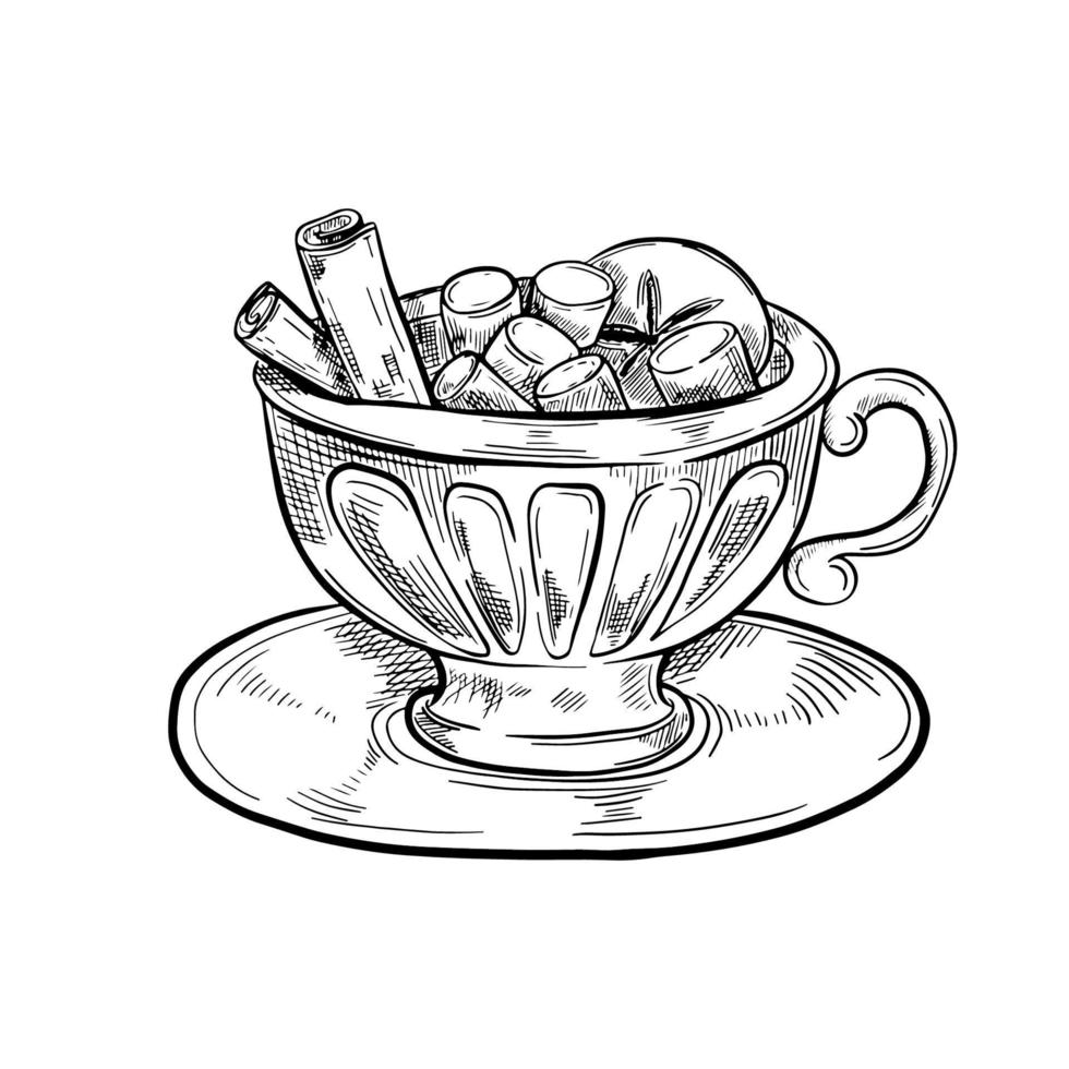 Hot chocolate in a mug with whipped cream. Hugge drink. Decorative hand drawn sketch vector illustration.