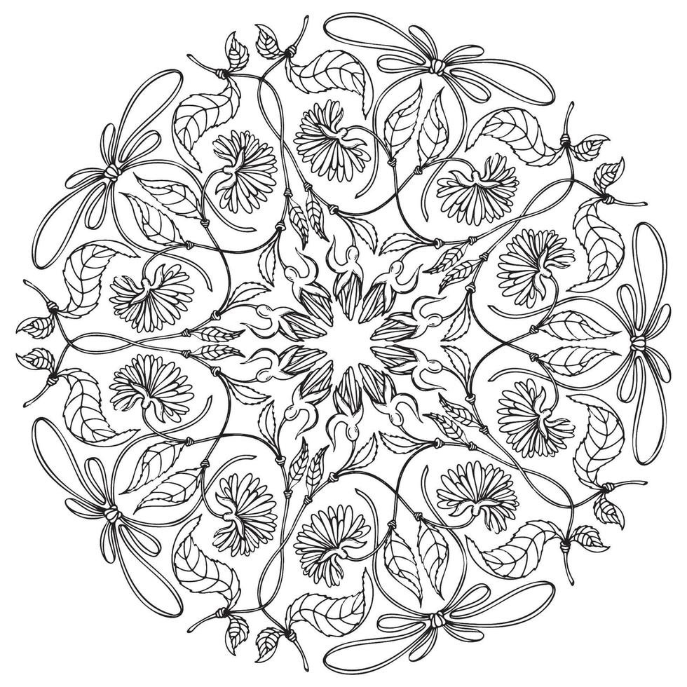 Hand drawn rounded ornament with daisies and bows vector