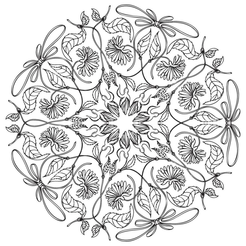 Hand drawn rounded ornament with daisies and bows vector