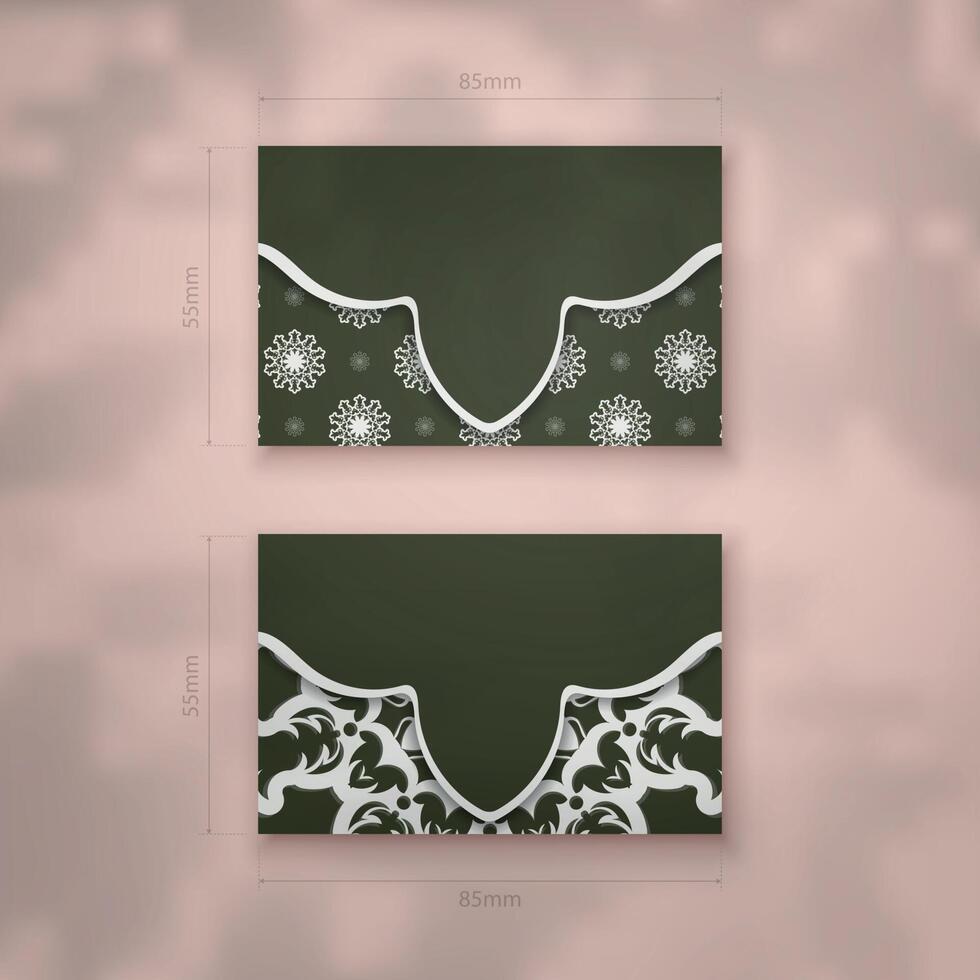 Dark green business card with white Greek ornament for your contacts. vector