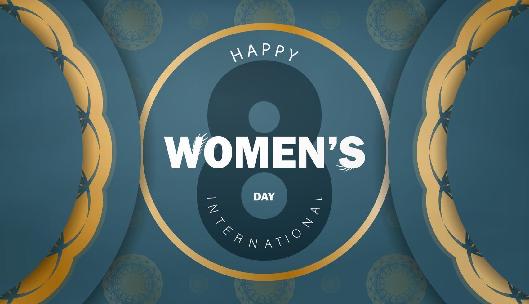 folleto festivo día internacional de la mujer en azul con patrón dorado vintage vector