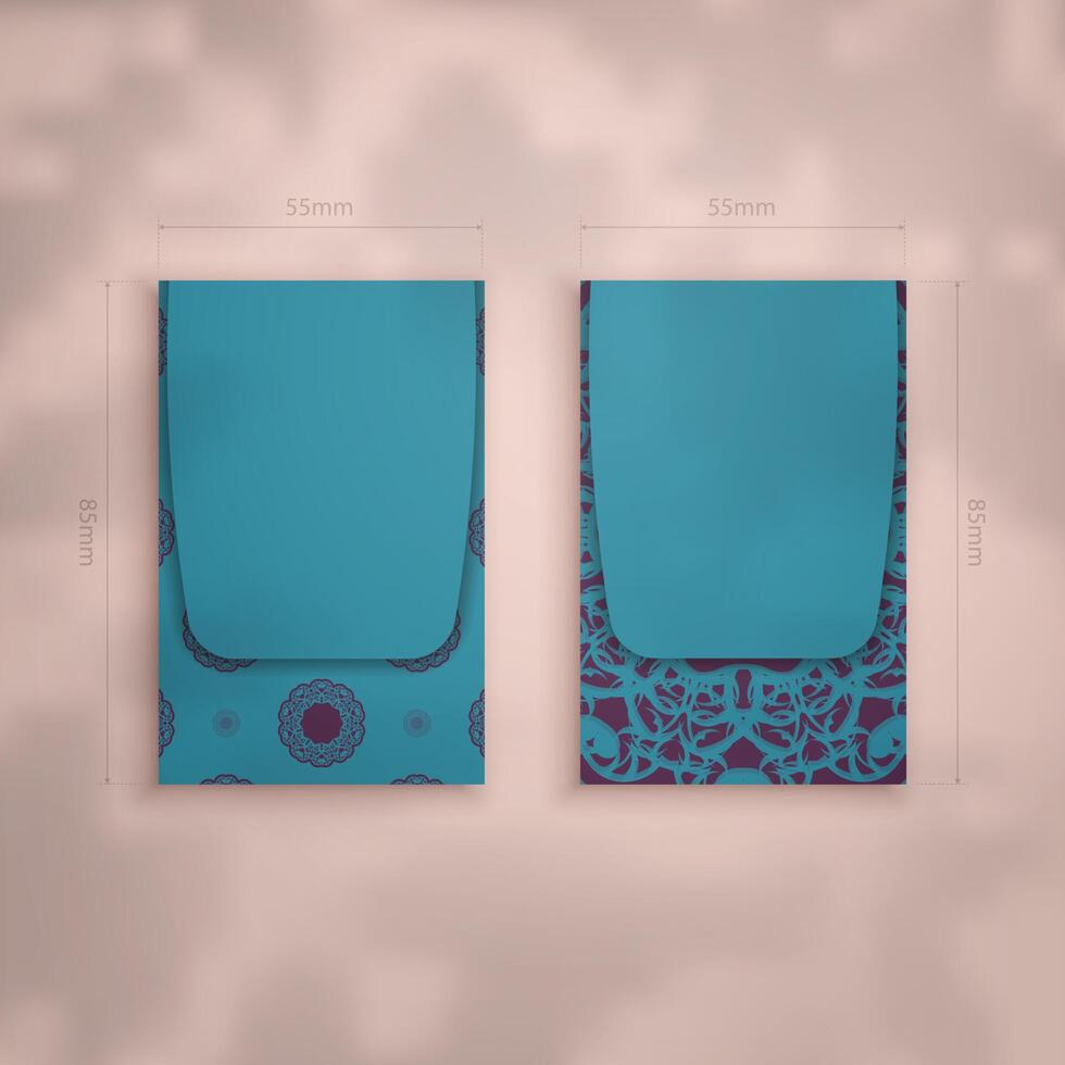 Business card in green with Indian purple pattern for your brand. vector