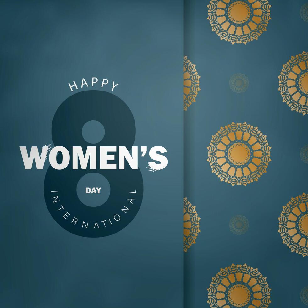 International womens day greeting card template in blue color with luxury gold ornaments vector