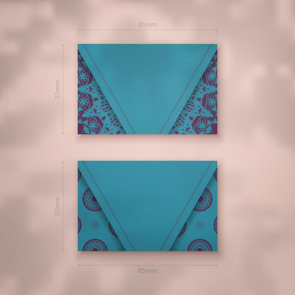 Presentable business card in turquoise color with Indian purple pattern for your brand. vector