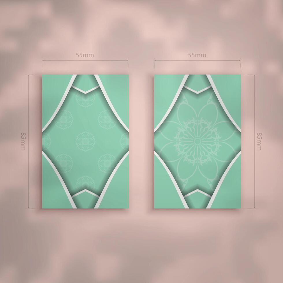 Mint color business card with luxurious white ornaments for your brand. vector