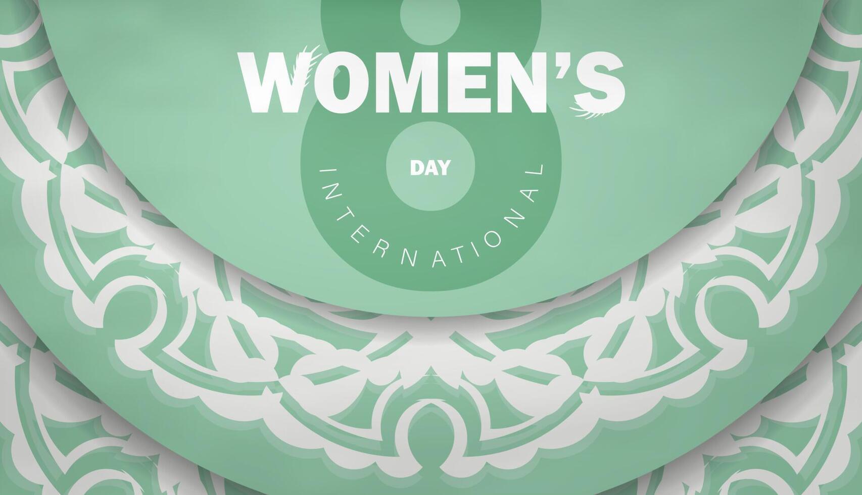 March 8 Greeting Brochure Template in mint color with luxurious white pattern vector