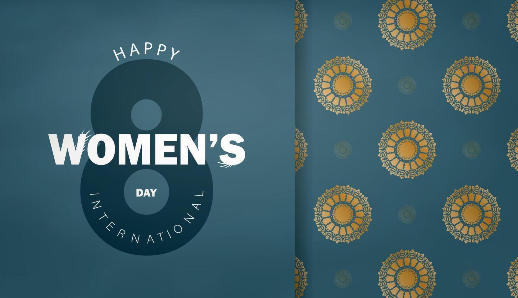 International womens day greeting card template in blue color with vintage gold pattern vector