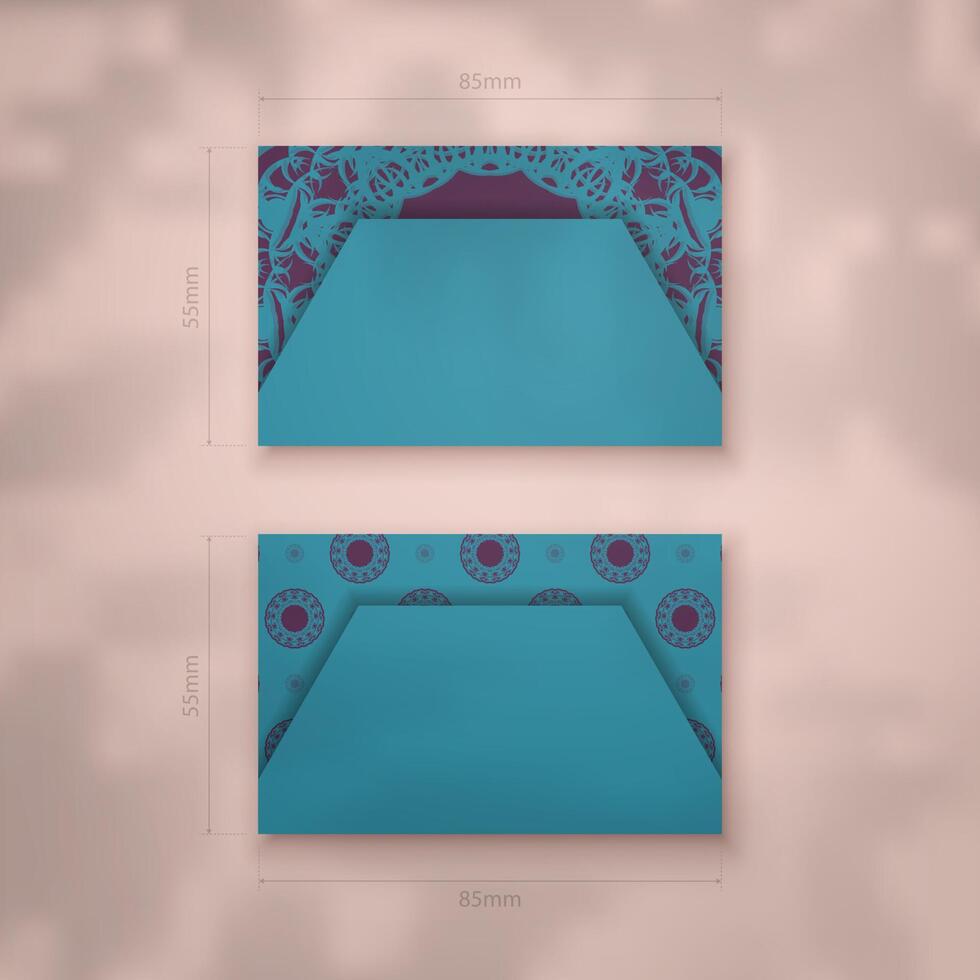 Business card template in turquoise color with luxurious purple pattern for your brand. vector