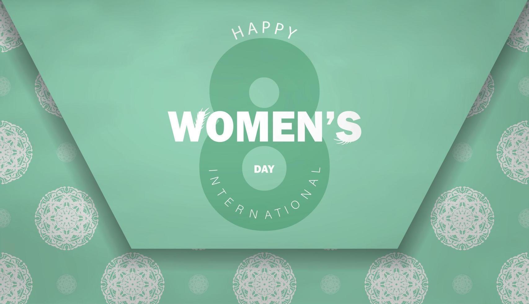 plantilla de tarjeta de felicitación 8 de marzo día internacional de la mujer color menta con patrón blanco de invierno vector