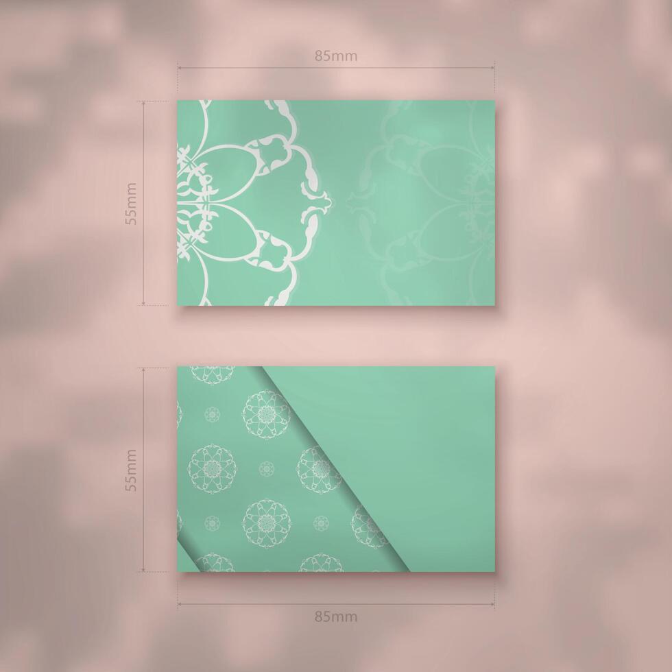 Mint color business card with abstract white ornament for your business. vector