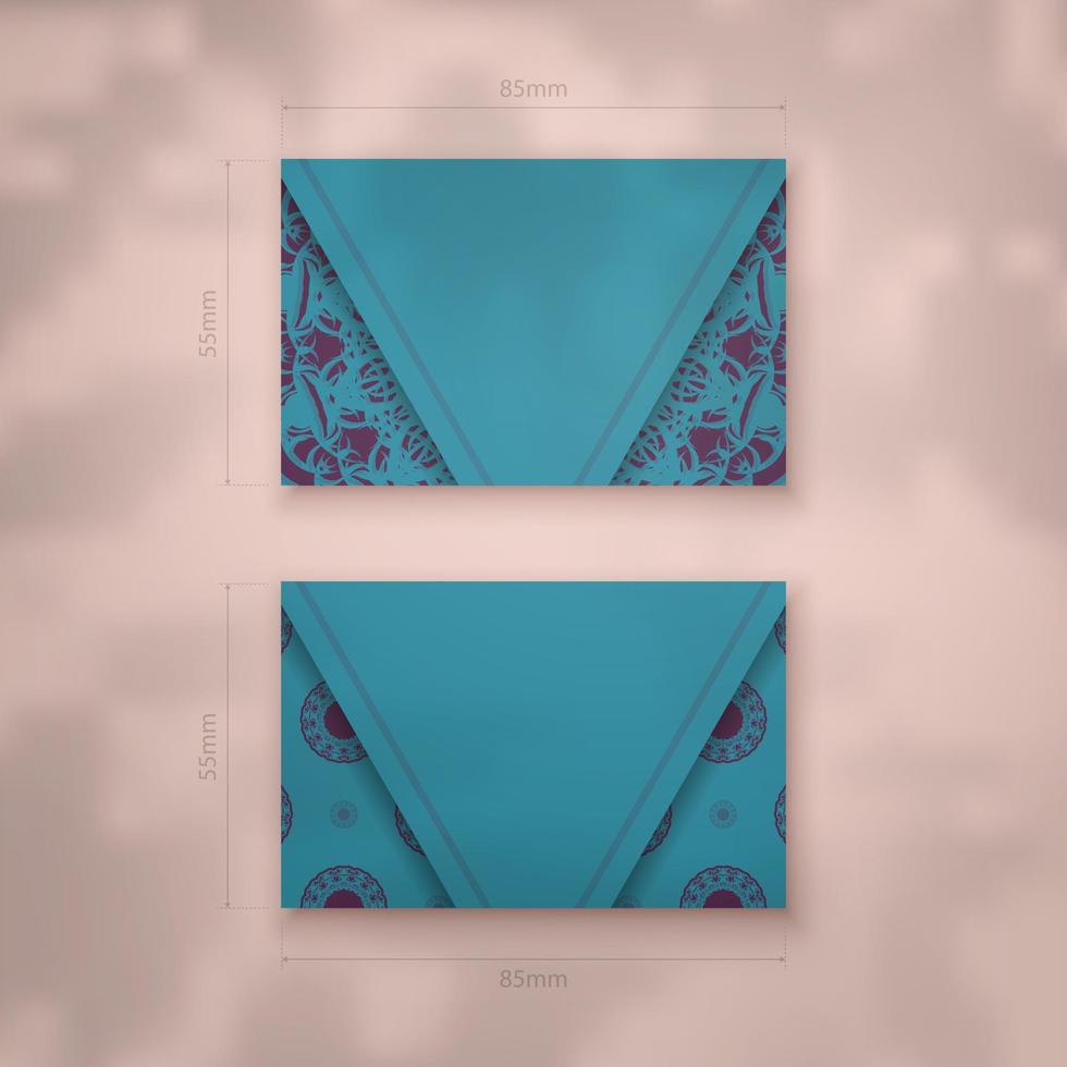 Business card template in turquoise color with Indian purple ornaments for your brand. vector