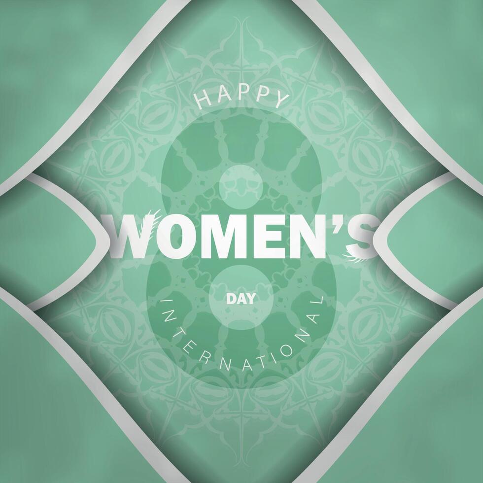 Postcard 8 march international womens day mint color with vintage white pattern vector