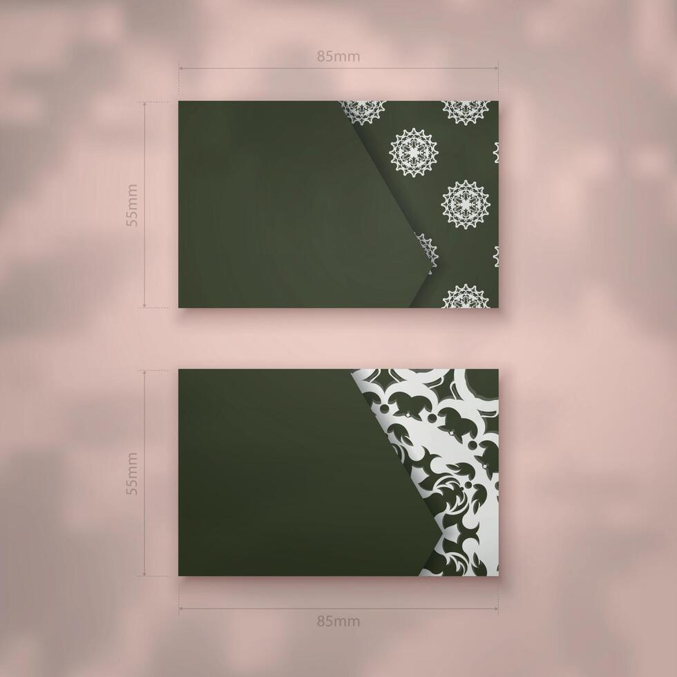 Dark green business card with white mandala pattern for your personality. vector