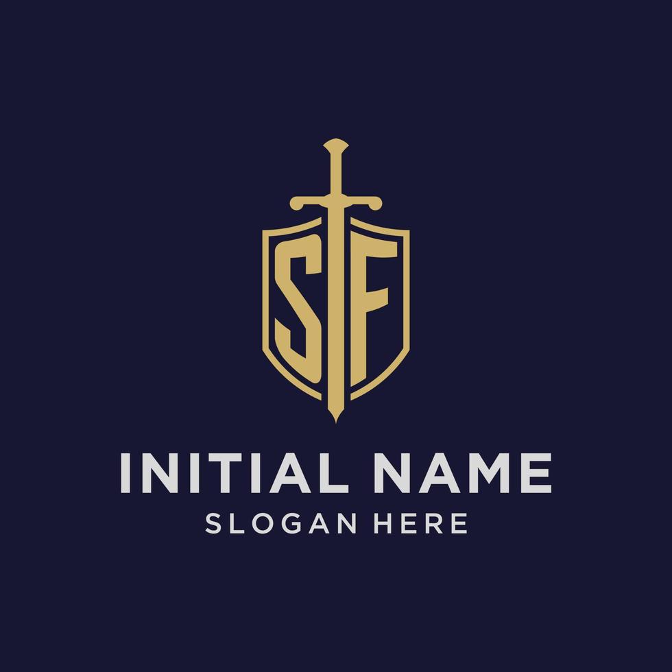 SF logo initial monogram with shield and sword design vector