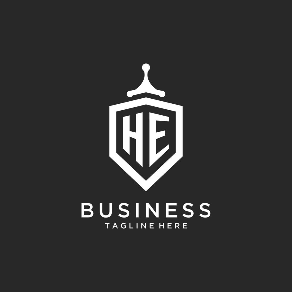 HE monogram logo initial with shield guard shape design vector