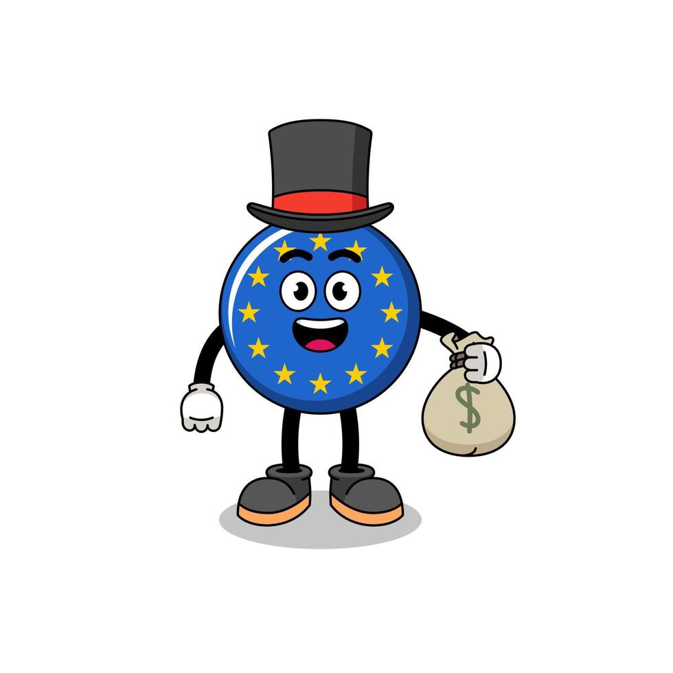 europe flag mascot illustration rich man holding a money sack vector