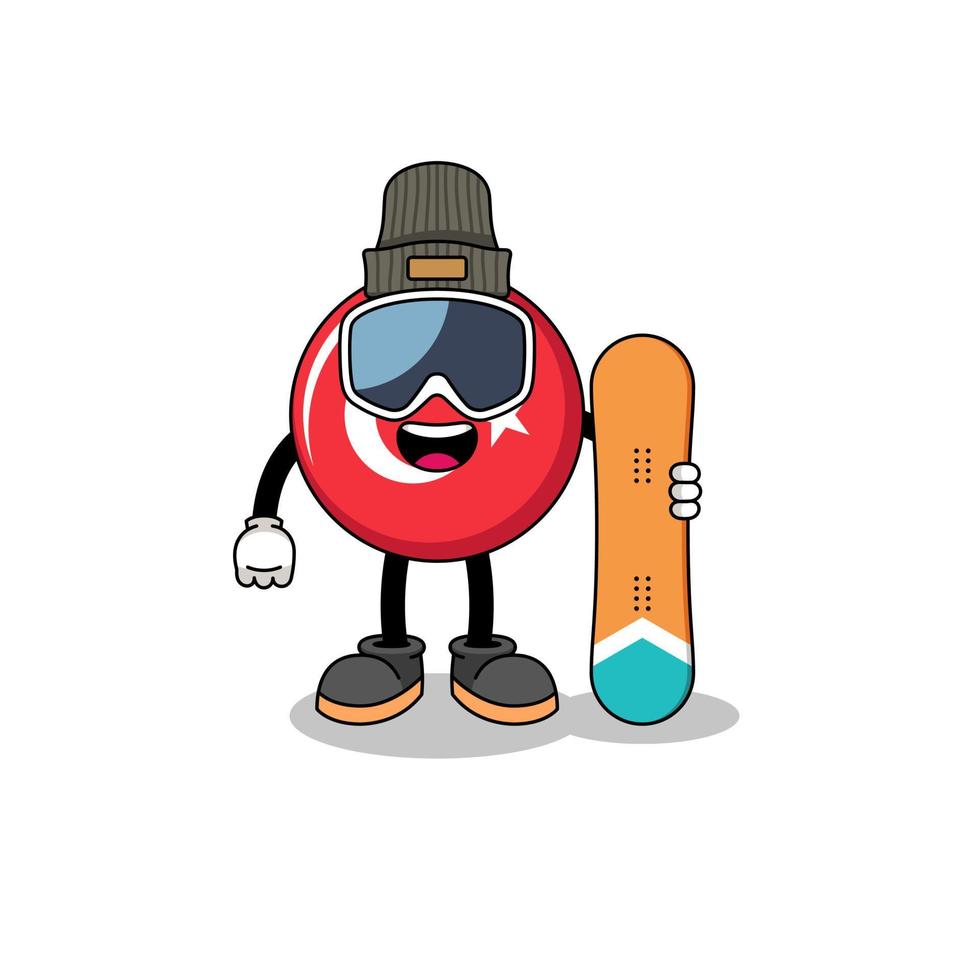 Mascot cartoon of turkey flag snowboard player vector