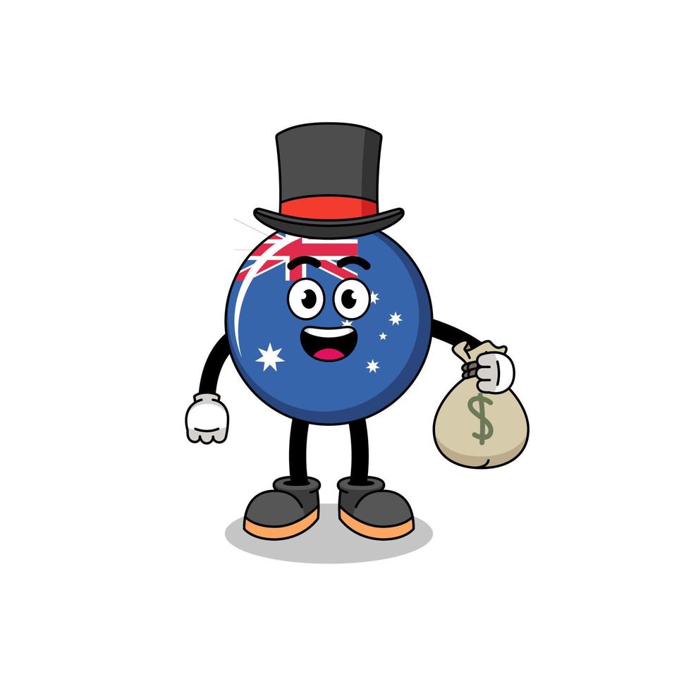 ilustración de la mascota de la bandera de australia hombre rico que sostiene un saco de dinero vector