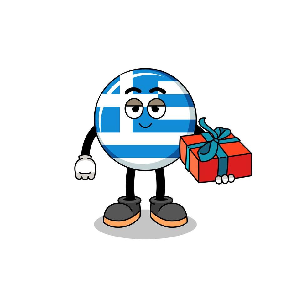 ilustración de mascota de bandera de grecia dando un regalo vector