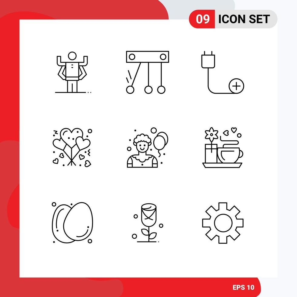 Pack of 9 creative Outlines of clown romance computers love balloons Editable Vector Design Elements