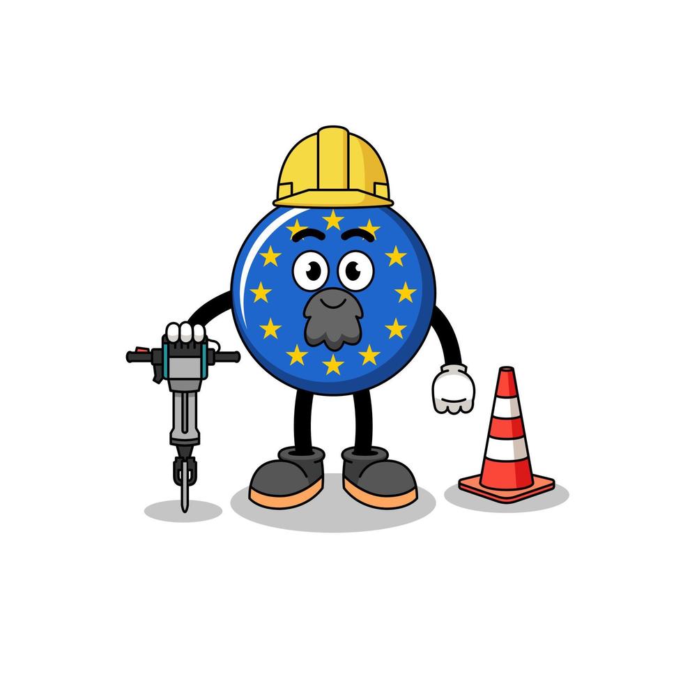 Character cartoon of europe flag working on road construction vector