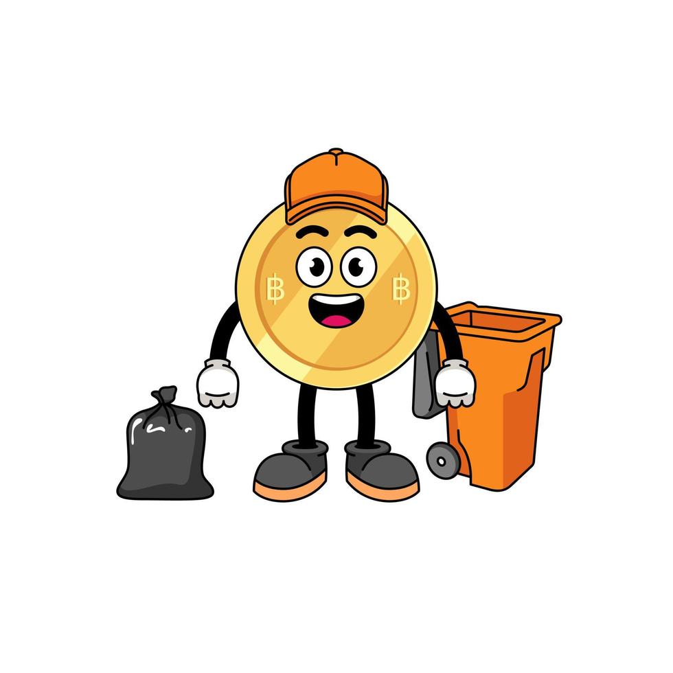 Illustration of thai baht cartoon as a garbage collector vector