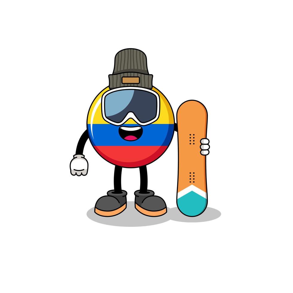 Mascot cartoon of colombia flag snowboard player vector