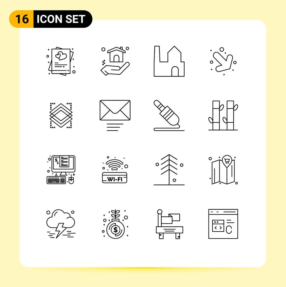 paquete de 16 signos y símbolos de contornos modernos para medios de impresión web, como elementos de diseño de vectores editables de flecha derecha de fábrica de capas