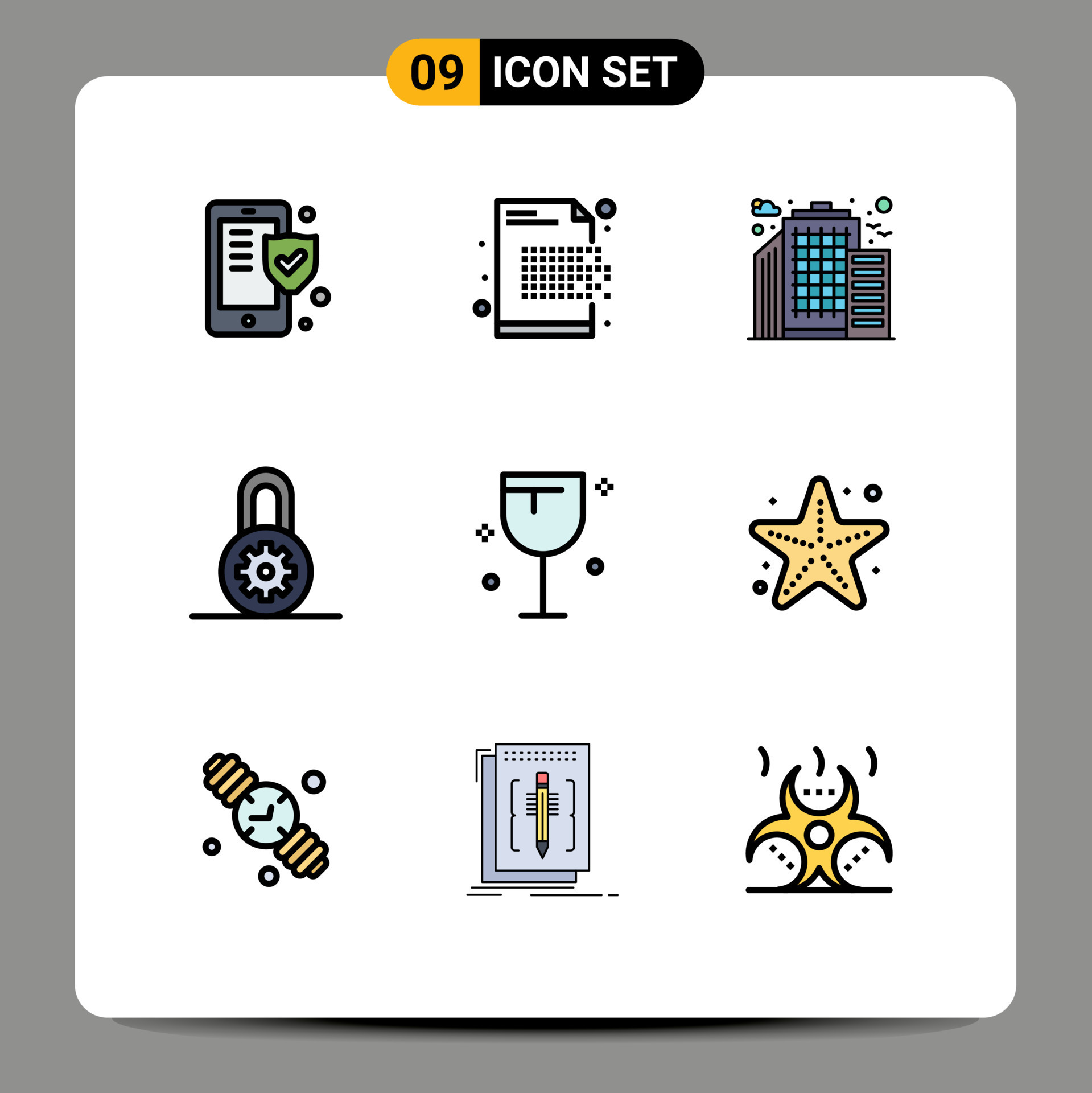 Pack of 9 Modern Filledline Flat Colors Signs and Symbols for Web