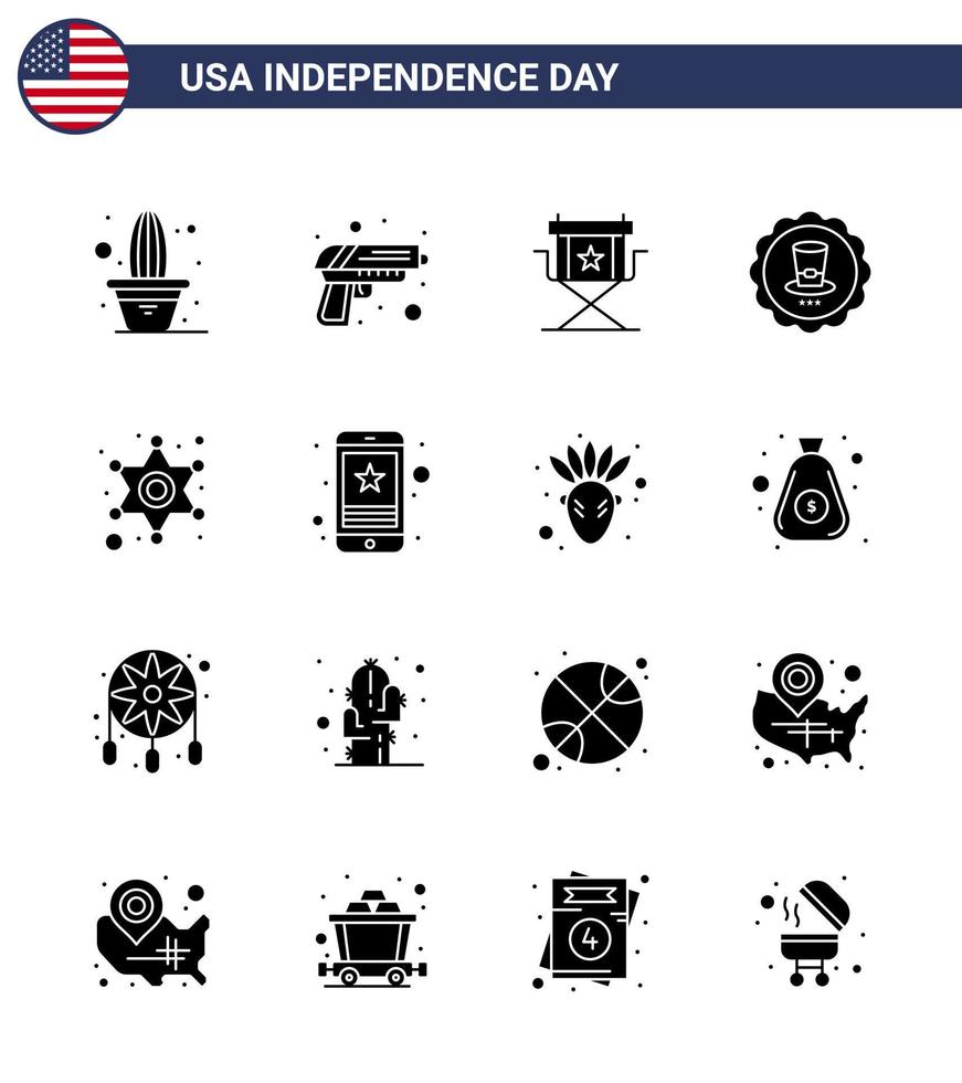 16 signos de glifos sólidos para el día de la independencia de EE. UU. Los hombres firman silla bebida televisión elementos de diseño vectorial editables del día de EE. UU. vector