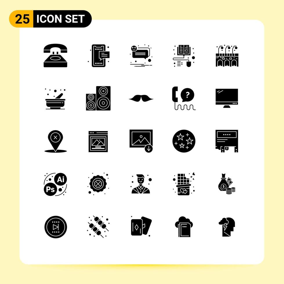 Set of 25 Commercial Solid Glyphs pack for city distance learning mobile books notification Editable Vector Design Elements