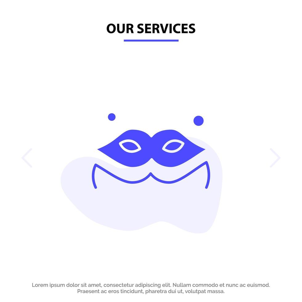 Our Services Costume Mask Masquerade Solid Glyph Icon Web card Template vector