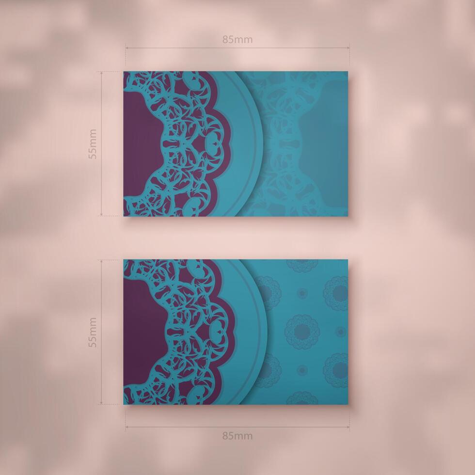 Business card in green with vintage purple ornaments for your business. vector