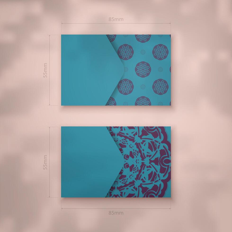 Business card in turquoise color with abstract purple ornament for your business. vector