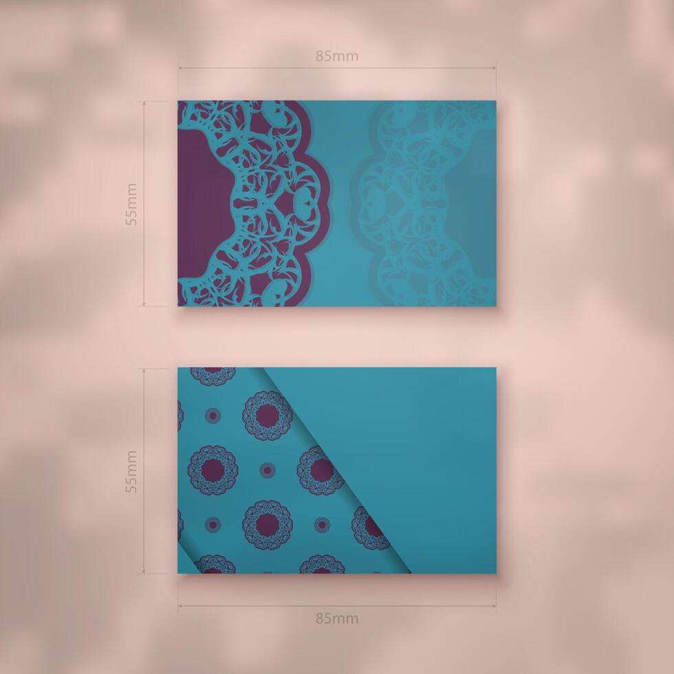 Business card in green with vintage purple ornaments for your brand. vector