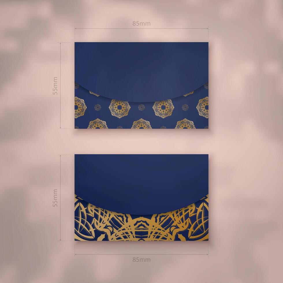 Presentable dark blue business card with gold mandala ornaments for your brand. vector
