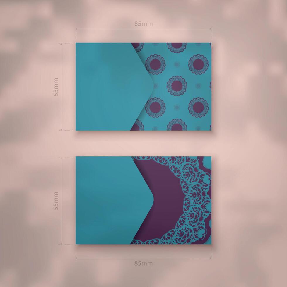 Business card in green with a Greek purple pattern for your contacts. vector