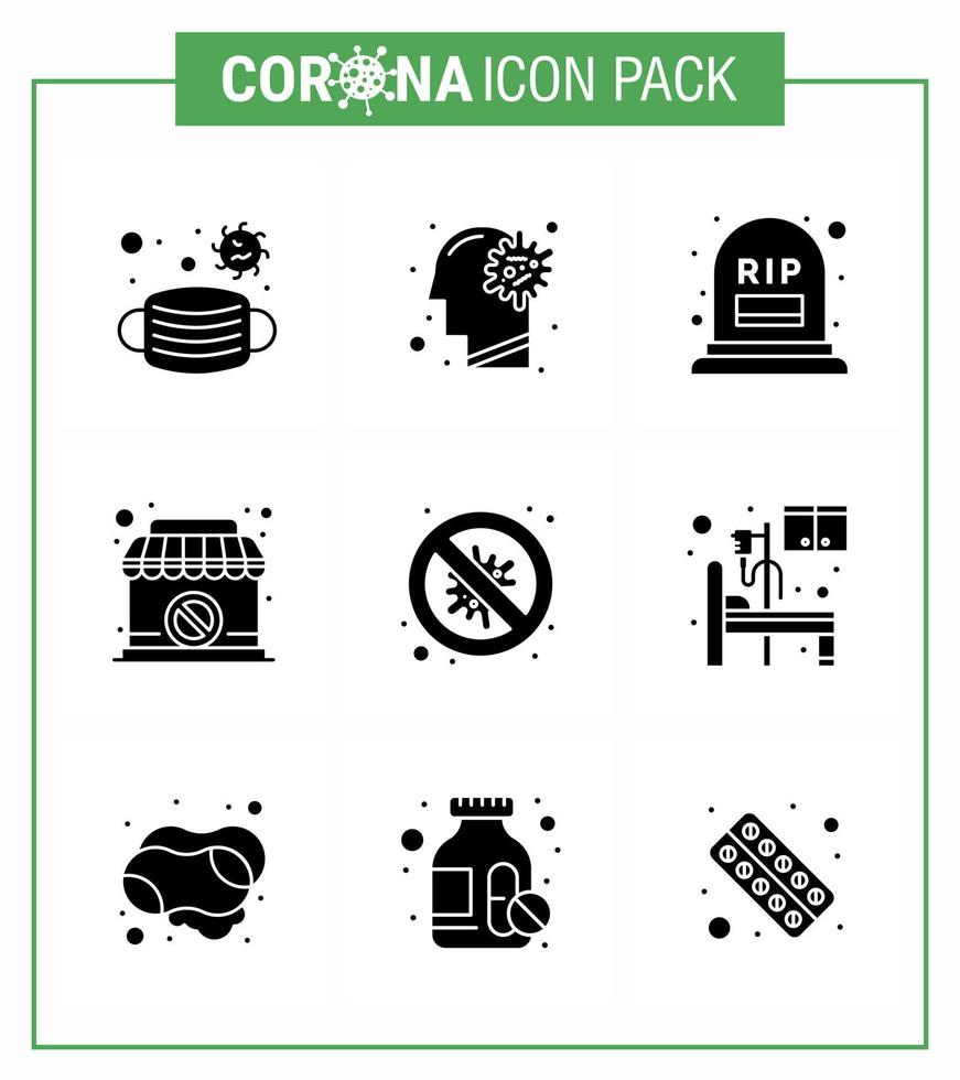 9 Solid Glyph Black Coronavirus Covid19 Icon pack such as bacteria sign brain shop rip viral coronavirus 2019nov disease Vector Design Elements