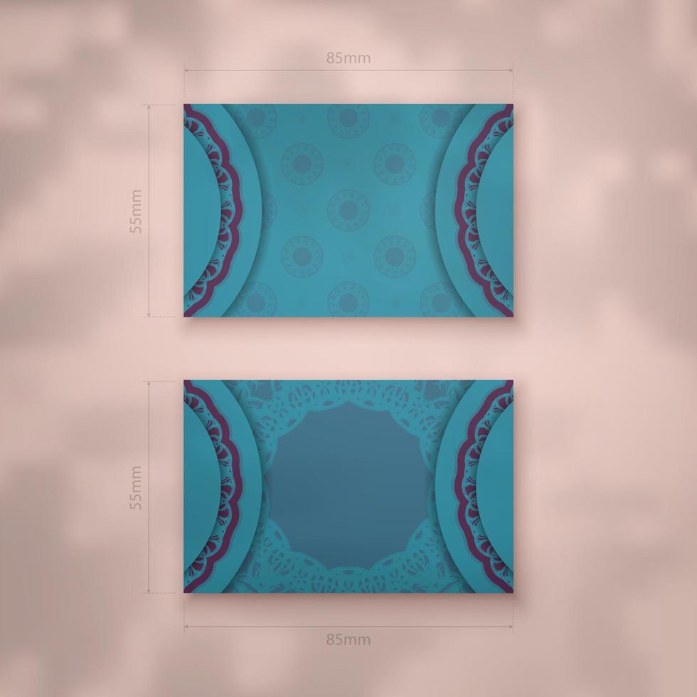 Business card template in turquoise color with Indian purple pattern for your contacts. vector