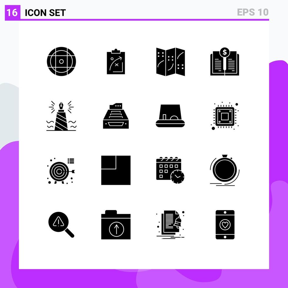 Modern Set of 16 Solid Glyphs Pictograph of write investment market investing book Editable Vector Design Elements