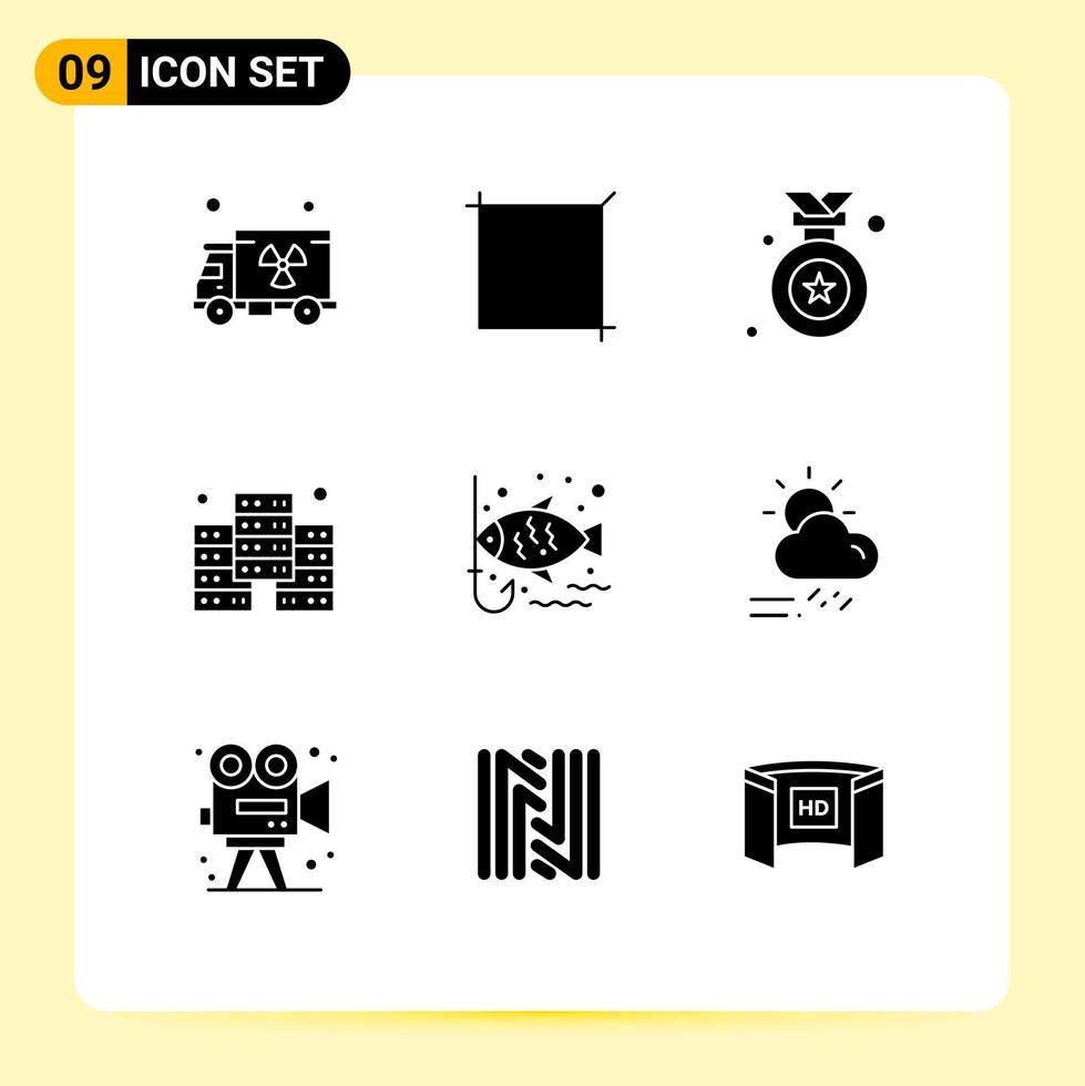 9 Solid Glyph concept for Websites Mobile and Apps day leisure medal hook fish Editable Vector Design Elements