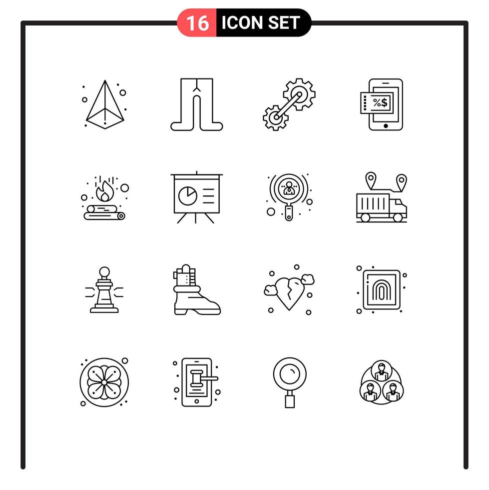 16 Thematic Vector Outlines and Editable Symbols of flame bonfire cogwheel campfire shopping Editable Vector Design Elements