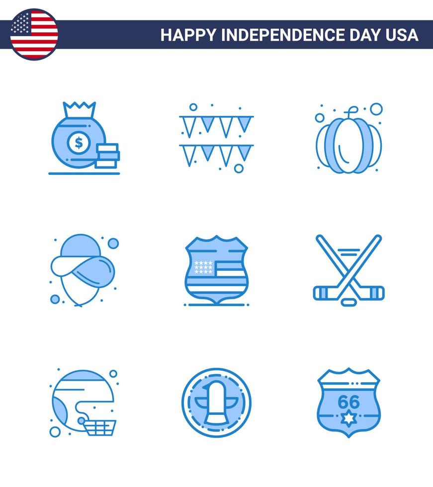 USA Happy Independence DayPictogram Set of 9 Simple Blues of hokey usa pumpkin sign hat Editable USA Day Vector Design Elements